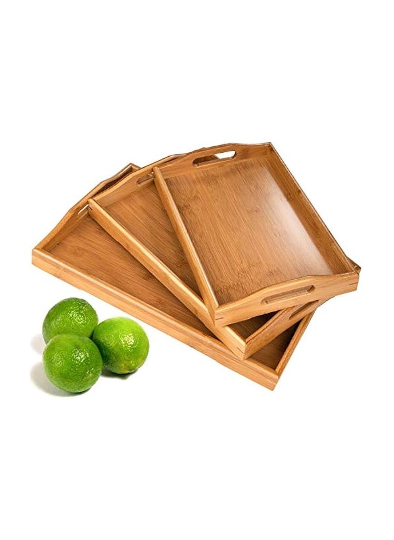 3 Pack Serving Tray,Large Bamboo Serving Tray With Handles Wood Serving Tray Set For Coffee,Food,Breakfast,Dinner