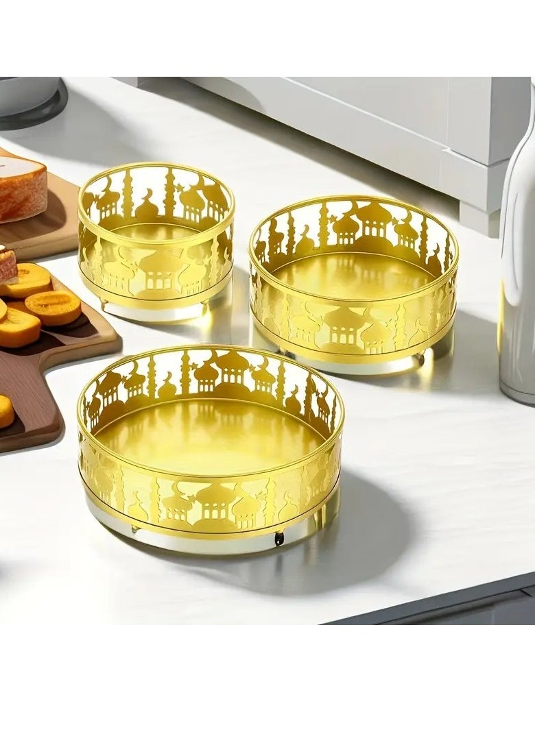 Elegant 3pcs Ramadan Decor Set - Golden Moon Trays & Eid Mubarak Plates for Festive Home Decoration, Food Storage Containers for Eid Al-Adha Celebrations