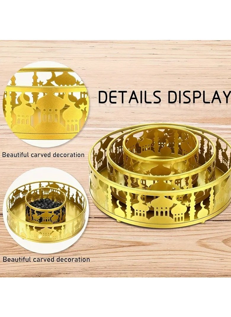 Elegant 3pcs Ramadan Decor Set - Golden Moon Trays & Eid Mubarak Plates for Festive Home Decoration, Food Storage Containers for Eid Al-Adha Celebrations