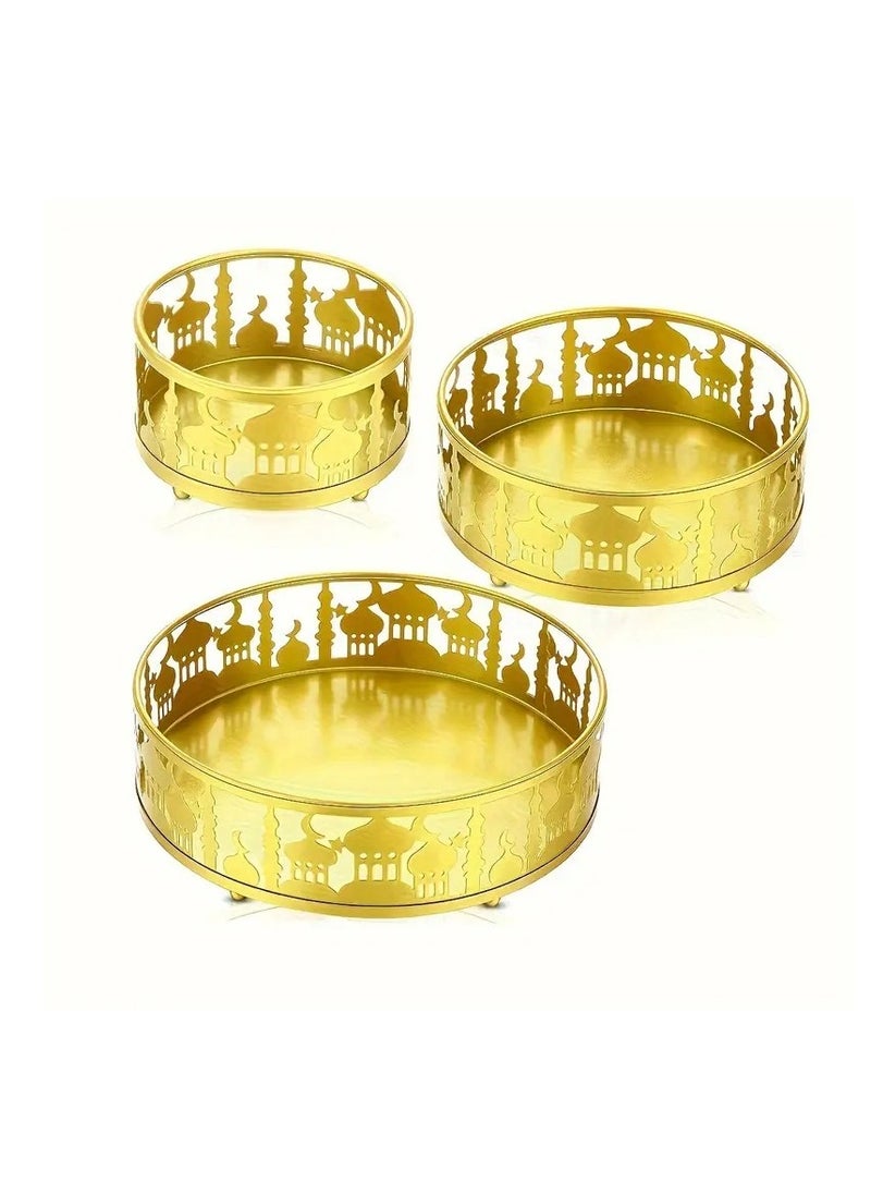 Elegant 3pcs Ramadan Decor Set - Golden Moon Trays & Eid Mubarak Plates for Festive Home Decoration, Food Storage Containers for Eid Al-Adha Celebrations