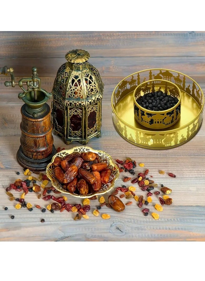 Elegant 3pcs Ramadan Decor Set - Golden Moon Trays & Eid Mubarak Plates for Festive Home Decoration, Food Storage Containers for Eid Al-Adha Celebrations