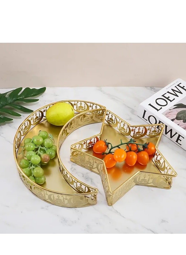 Elegant 2pcs Eid Mubarak Serving Trays - Moon & Star Shaped, Iron Dessert Plates for Ramadan Decor and Food Presentation