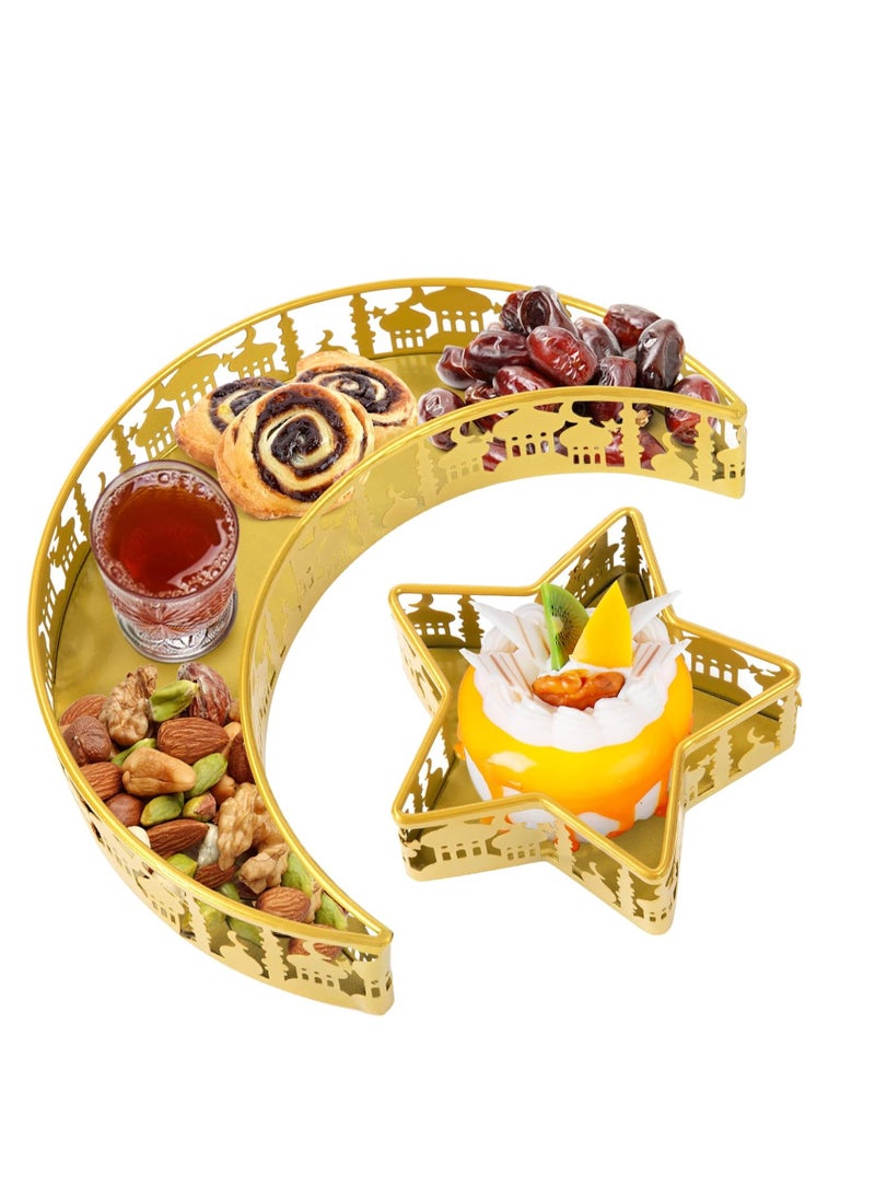 Elegant 2pcs Eid Mubarak Serving Trays - Moon & Star Shaped, Iron Dessert Plates for Ramadan Decor and Food Presentation