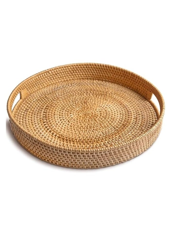 Round Rattan Serving Tray Decorative Wicker Trays with Handles for Coffee Table