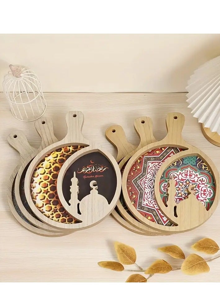 Ramadan Celebration Wooden Tray - Vintage Style, Round Handle Dried Fruit Serving Platter for Home Decor Assorted Color And Design