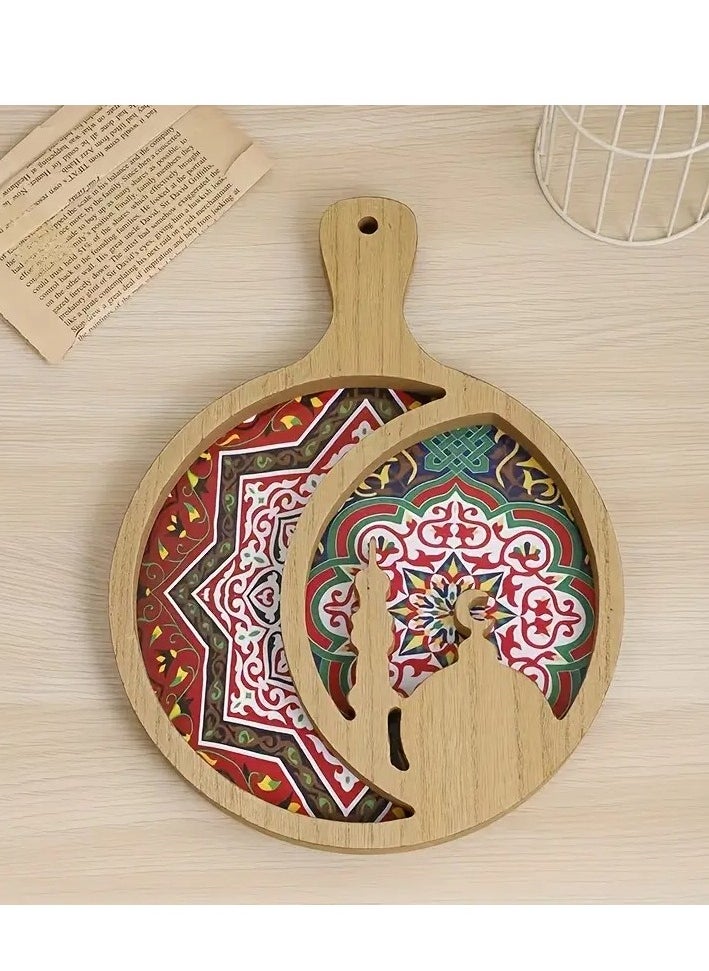 Ramadan Celebration Wooden Tray - Vintage Style, Round Handle Dried Fruit Serving Platter for Home Decor Assorted Color And Design