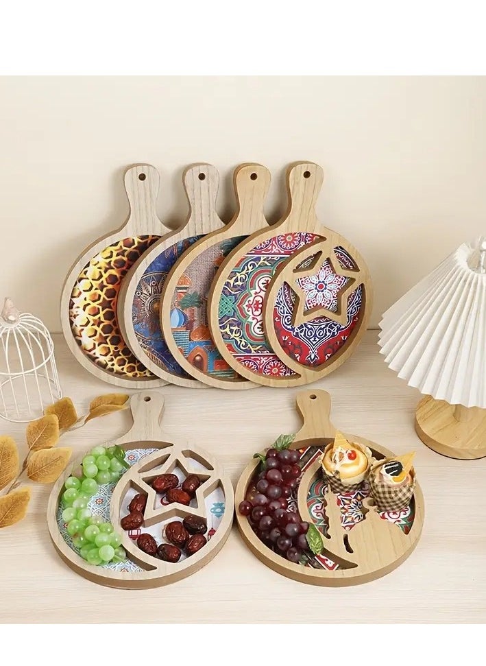 Ramadan Celebration Wooden Tray - Vintage Style, Round Handle Dried Fruit Serving Platter for Home Decor Assorted Color And Design