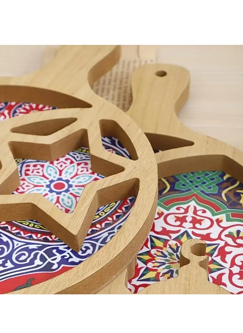 Ramadan Celebration Wooden Tray - Vintage Style, Round Handle Dried Fruit Serving Platter for Home Decor Assorted Color And Design