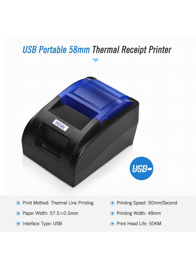 HOIN USB Portable 58mm Thermal Receipt Printer Ticket Bill Wired Printing Support Cash Drawer Compatible with ESC/POS for Windows/Linux/Android Systems for Supermarket Store Business