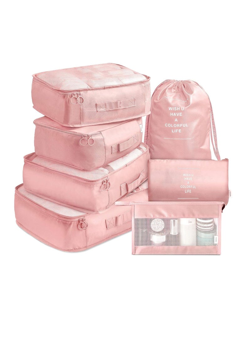 Packing Cubes VAGREEZ 7 Pcs Travel Luggage Packing Organizers Set with Toiletry Bag Pink