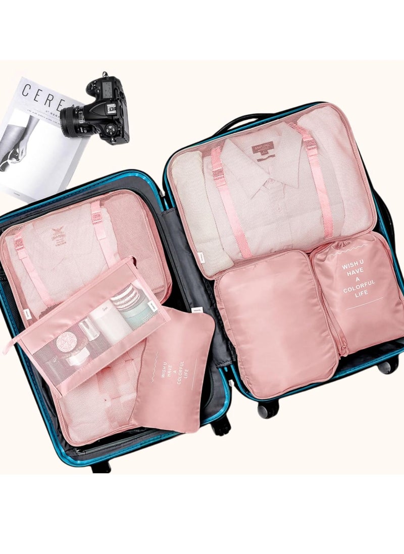 Packing Cubes VAGREEZ 7 Pcs Travel Luggage Packing Organizers Set with Toiletry Bag Pink