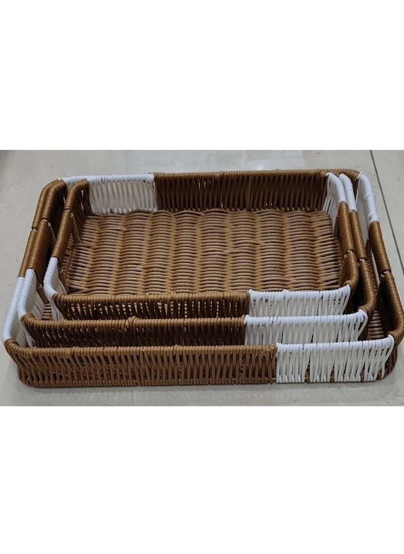 3 Pack Woven Baskets Serving Trays with Handles, Poly Wicker Bread Baskets Rectangular Platters for Fruit, Vegetables, Breakfast, Drinks, Snacks, Dining Coffee Table, 3 Sizes