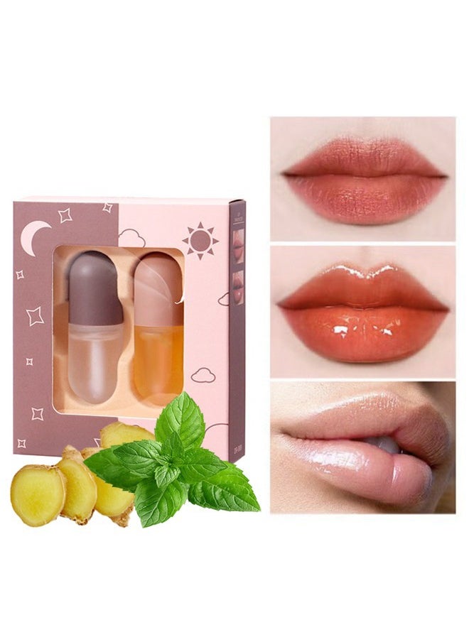 Lip Plumper Set 2PCS Day and Night Maximizer Hydrating Lip Care Maximizer Volume Balm Extreme Buxom Plant Lip Essence Oil Treatment Serum for Dry Cracked Lips Hydrating Plumping Gloss Kit