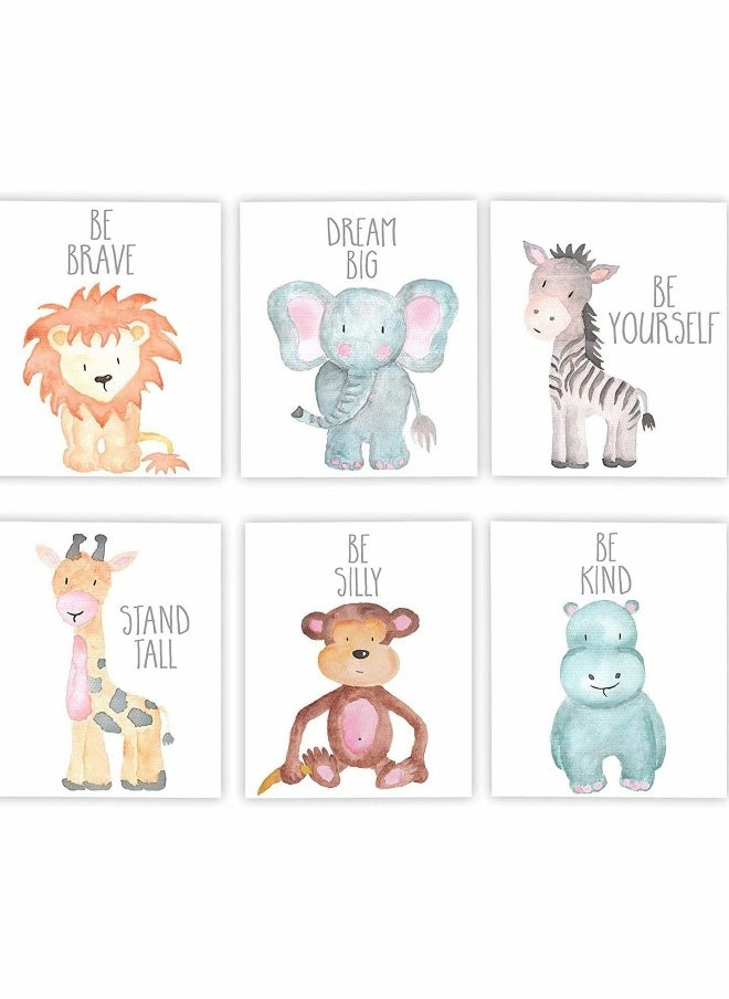 Wall Decor, Jungle Safari Animal Unframed, Woodland Animals Art Print Adorable Lion Elephant Giraffe Monkey Zebra Hippo Paintings, Set of 6（21cm x 30cm) Kids Room