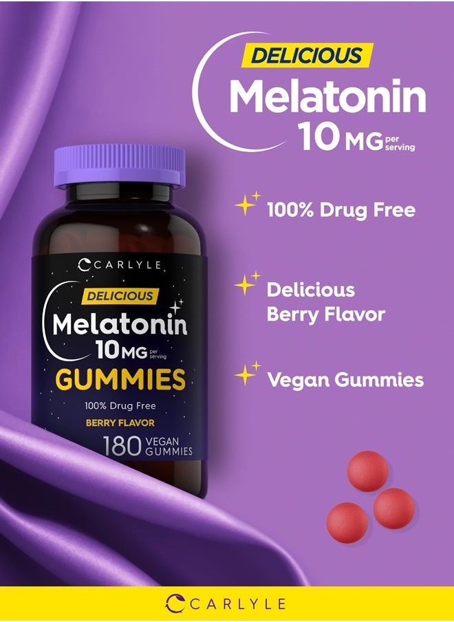 Melatonin Gummies 10mg | 180 Count | Adult Drug Free Aid | Berry Flavor | Vegan, Non-GMO, Gluten Free Supplement