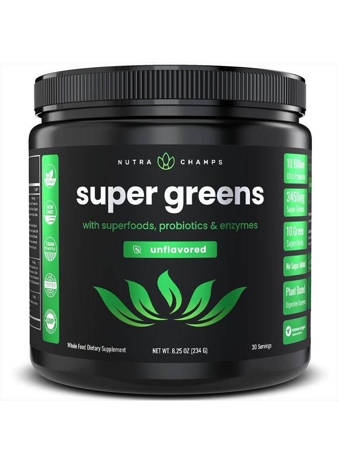 Super Greens Powder Premium Superfood | 20+ Organic Green Veggie Whole Foods | Wheat Grass, Spirulina, Chlorella | Antioxidant, Digestive Enzyme & Probiotic Blends (9.0 Oz, Unflavoured)