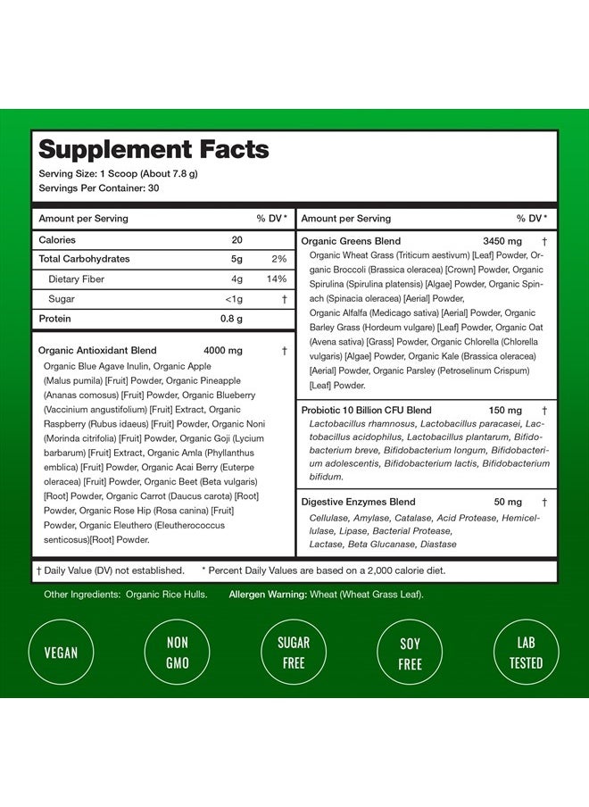 Super Greens Powder Premium Superfood | 20+ Organic Green Veggie Whole Foods | Wheat Grass, Spirulina, Chlorella | Antioxidant, Digestive Enzyme & Probiotic Blends (9.0 Oz, Unflavoured)