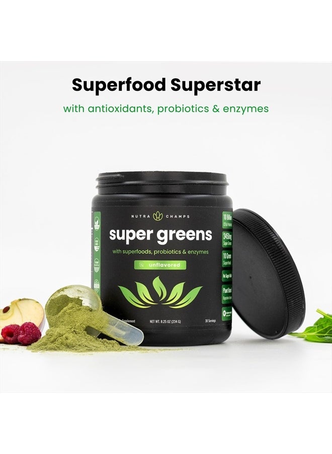 Super Greens Powder Premium Superfood | 20+ Organic Green Veggie Whole Foods | Wheat Grass, Spirulina, Chlorella | Antioxidant, Digestive Enzyme & Probiotic Blends (9.0 Oz, Unflavoured)