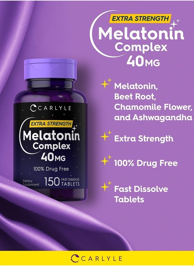 Melatonin 40mg Complex | 150 Fast Dissolve Tablets | Extra Strength Support | with Ashwagandha and Chamomile | Vegetarian, Non-GMO, Gluten Free Supplement