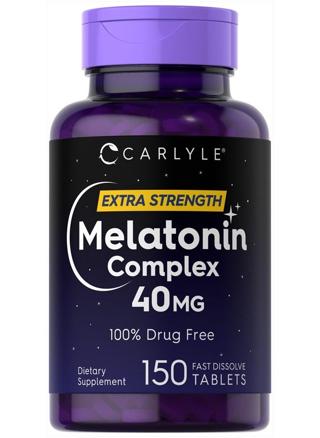 Melatonin 40mg Complex | 150 Fast Dissolve Tablets | Extra Strength Support | with Ashwagandha and Chamomile | Vegetarian, Non-GMO, Gluten Free Supplement