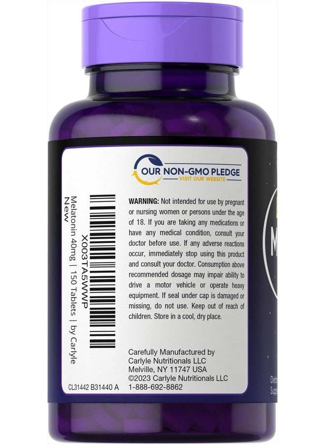 Melatonin 40mg Complex | 150 Fast Dissolve Tablets | Extra Strength Support | with Ashwagandha and Chamomile | Vegetarian, Non-GMO, Gluten Free Supplement