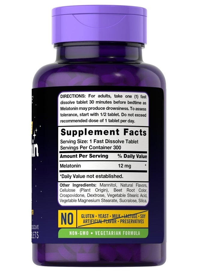 Melatonin 12 mg Fast Dissolve 300 Tablets | Natural Berry Flavor | Vegetarian, Non-GMO, Gluten Free