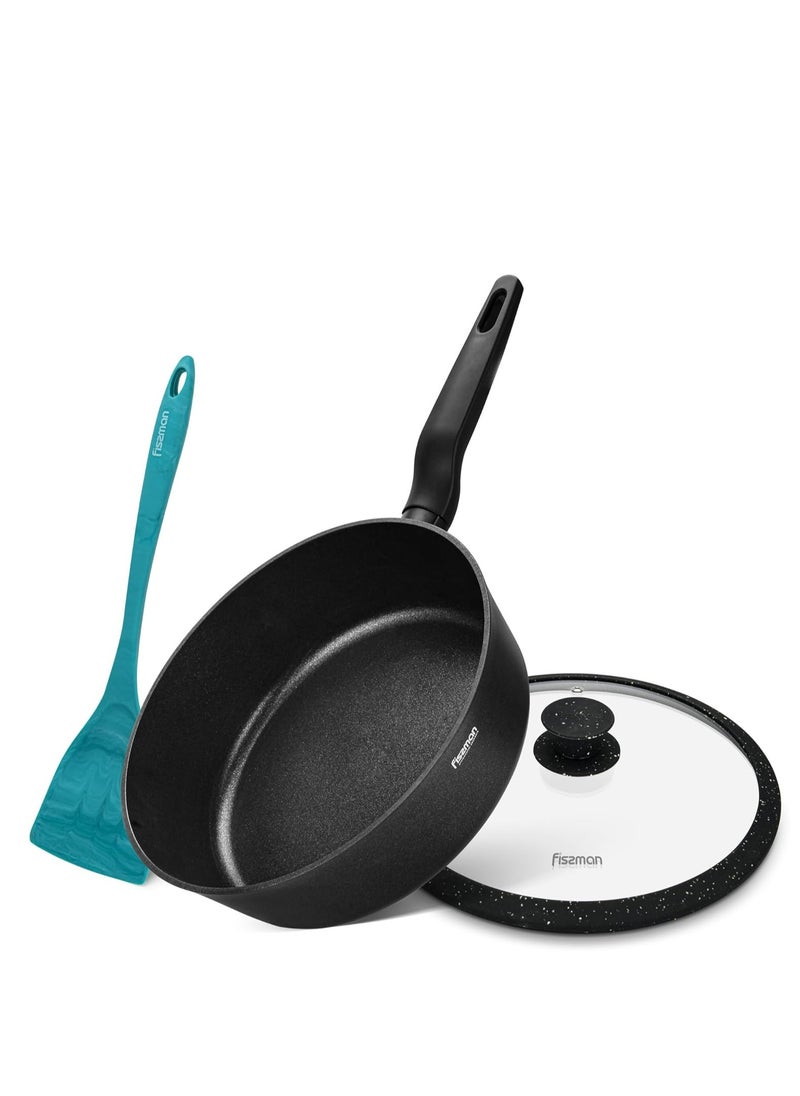 Frying Pan 28cm with Glass Lid and Spatula, Aluminum Non Stick Coating Frypan, Silicone Tuner Spatula, Glass Silicone Lid ,Induction Bottom Technology