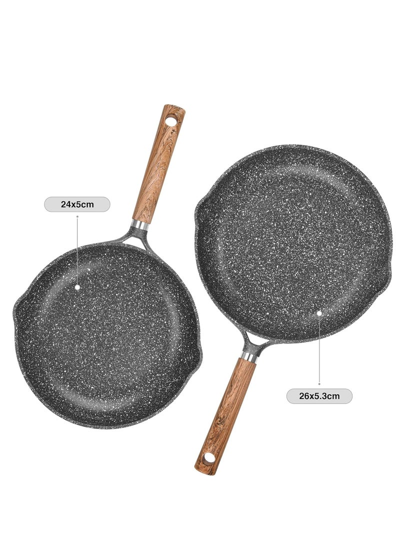 2-Piece Frying Pan 24cm And 26cm, Aluminum Non Stick Ceramic Coating Milano Series with Induction Bottom Ergonomic Bakelite Handle, PFOA Free Kitchen Cookware, for Omelets, Stir Frying