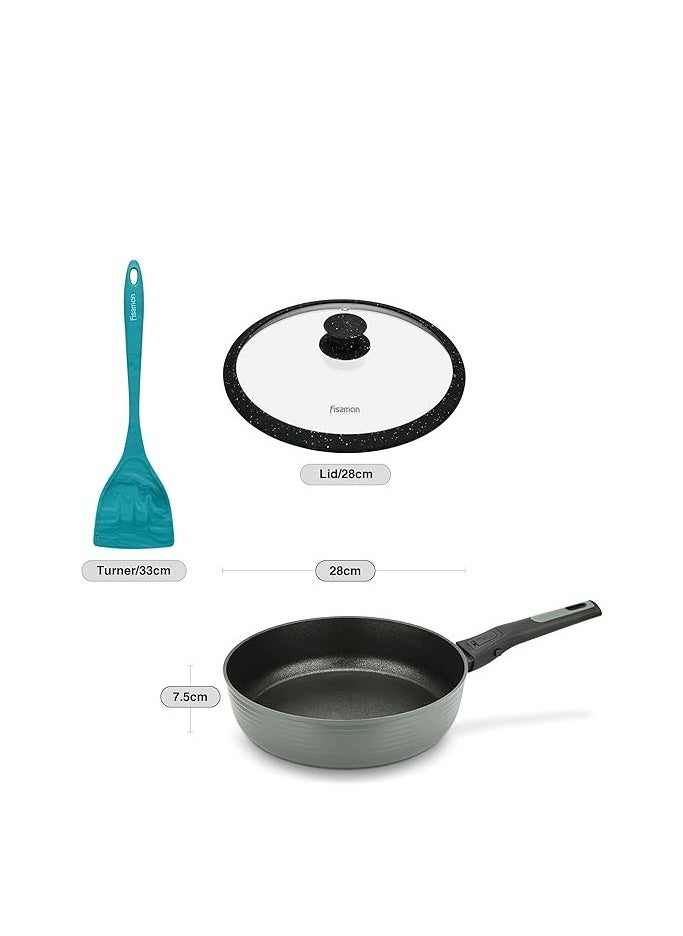 Deep Frying Pan Brilliant Series 28cm with Detachable Handle with Silicone Glass Lid and Silicone Spatula