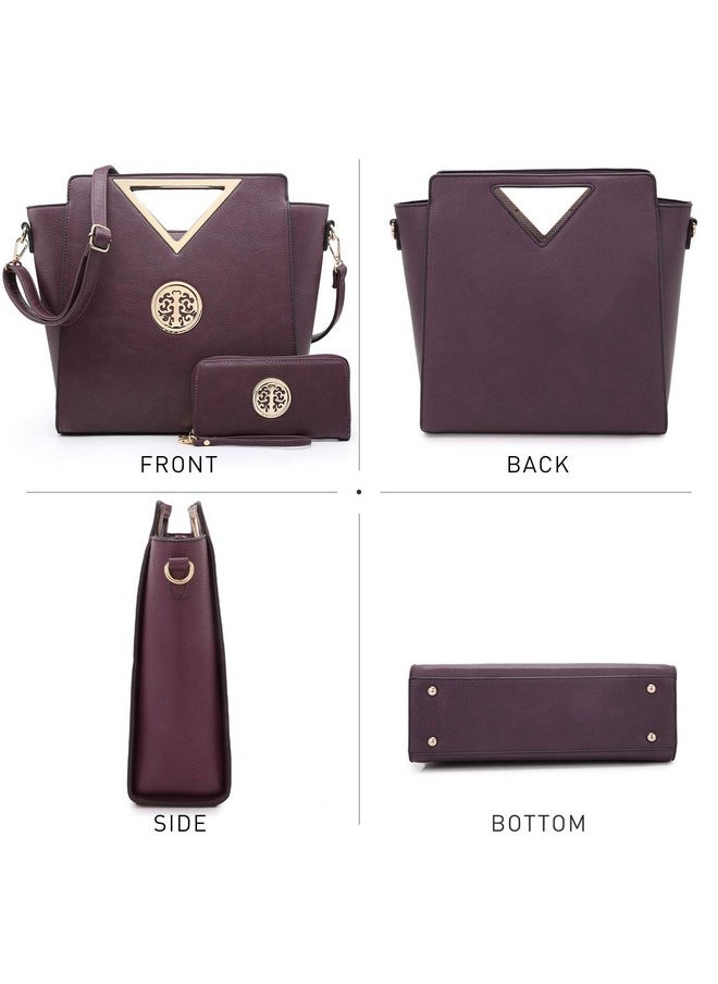 Women Handbag Cut Out Triangle Top Handle Bag Large Fashion Tote Satchel Work Purse (7464 Dark Purple + Matching Wallet)