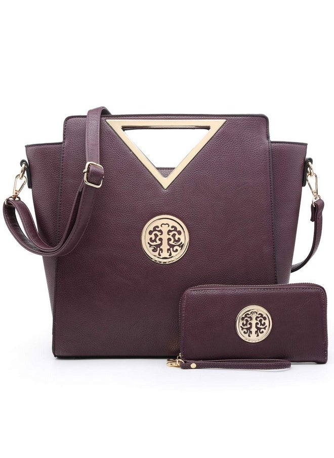 Women Handbag Cut Out Triangle Top Handle Bag Large Fashion Tote Satchel Work Purse (7464 Dark Purple + Matching Wallet)