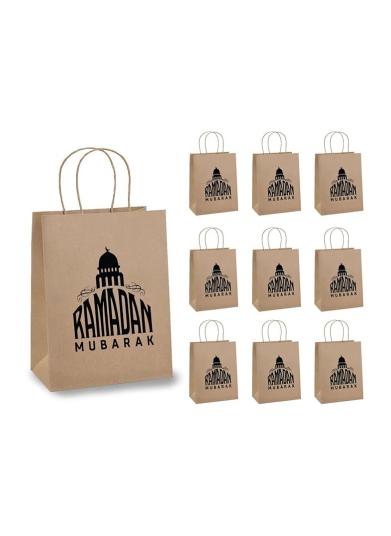 10 Pcs Of Ramadan Kareem Kraft Paper Bags With Handles Brown-Gift Kraft Paper Bags With Handles Reusable And Eco-Friendly For Gift Giving