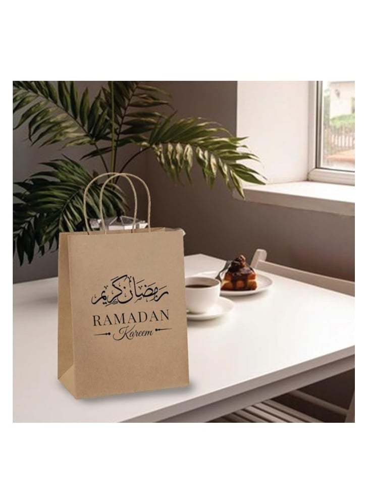 10 Pcs Of Ramadan Kareem Kraft Paper Bags With Handles Brown-Gift Kraft Paper Bags With Handles Reusable And Eco-Friendly For Gift Giving