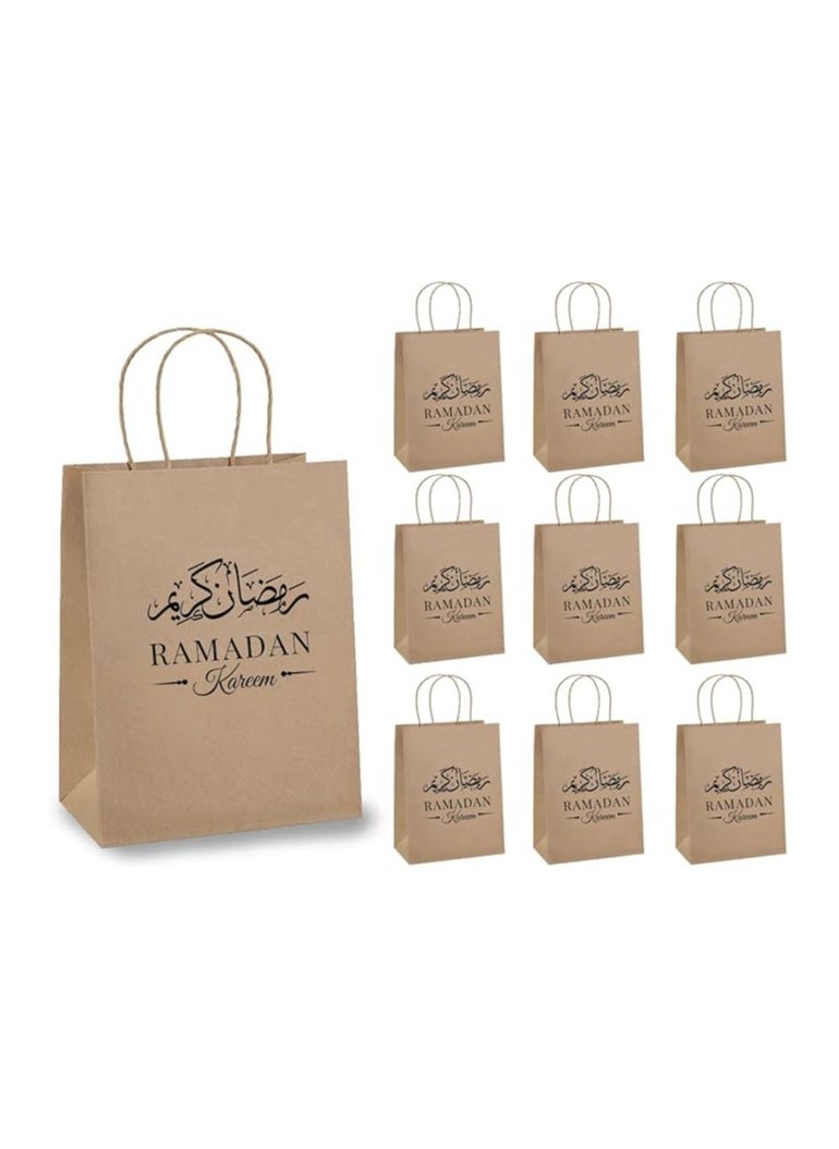 10 Pcs Of Ramadan Kareem Kraft Paper Bags With Handles Brown-Gift Kraft Paper Bags With Handles Reusable And Eco-Friendly For Gift Giving