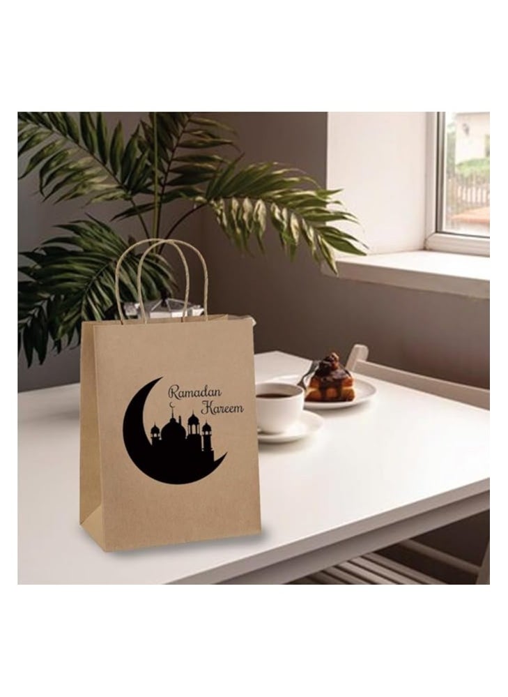 10 Pcs Of Ramadan Kareem Kraft Paper Bags With Handles Brown-Gift Kraft Paper Bags With Handles Reusable And Eco-Friendly For Gift Giving