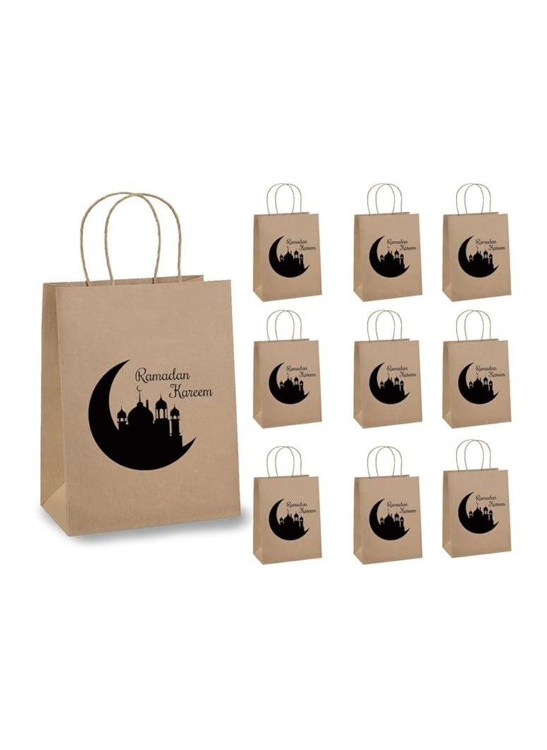 10 Pcs Of Ramadan Kareem Kraft Paper Bags With Handles Brown-Gift Kraft Paper Bags With Handles Reusable And Eco-Friendly For Gift Giving