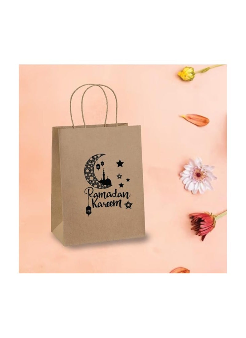 10 Pcs Of Ramadan Kareem Kraft Paper Bags With Handles Brown-Gift Kraft Paper Bags With Handles Reusable And Eco-Friendly For Gift Giving