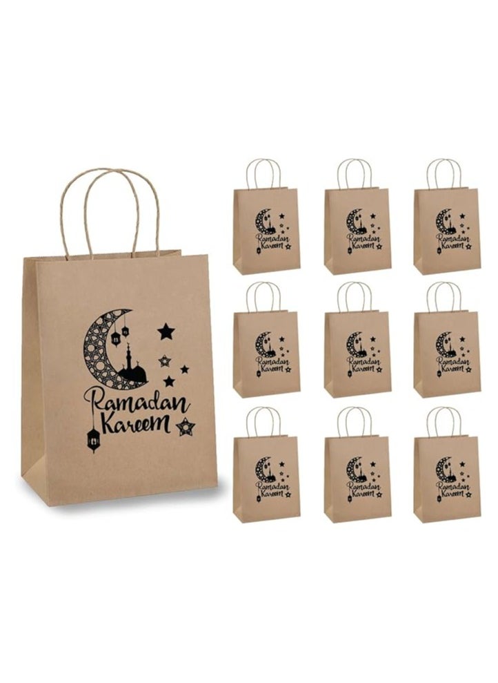 10 Pcs Of Ramadan Kareem Kraft Paper Bags With Handles Brown-Gift Kraft Paper Bags With Handles Reusable And Eco-Friendly For Gift Giving