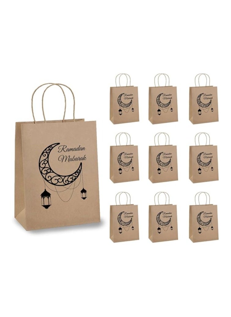 10 Pcs Of Ramadan Kareem Kraft Paper Bags With Handles Brown-Gift Kraft Paper Bags With Handles Reusable And Eco-Friendly For Gift Giving