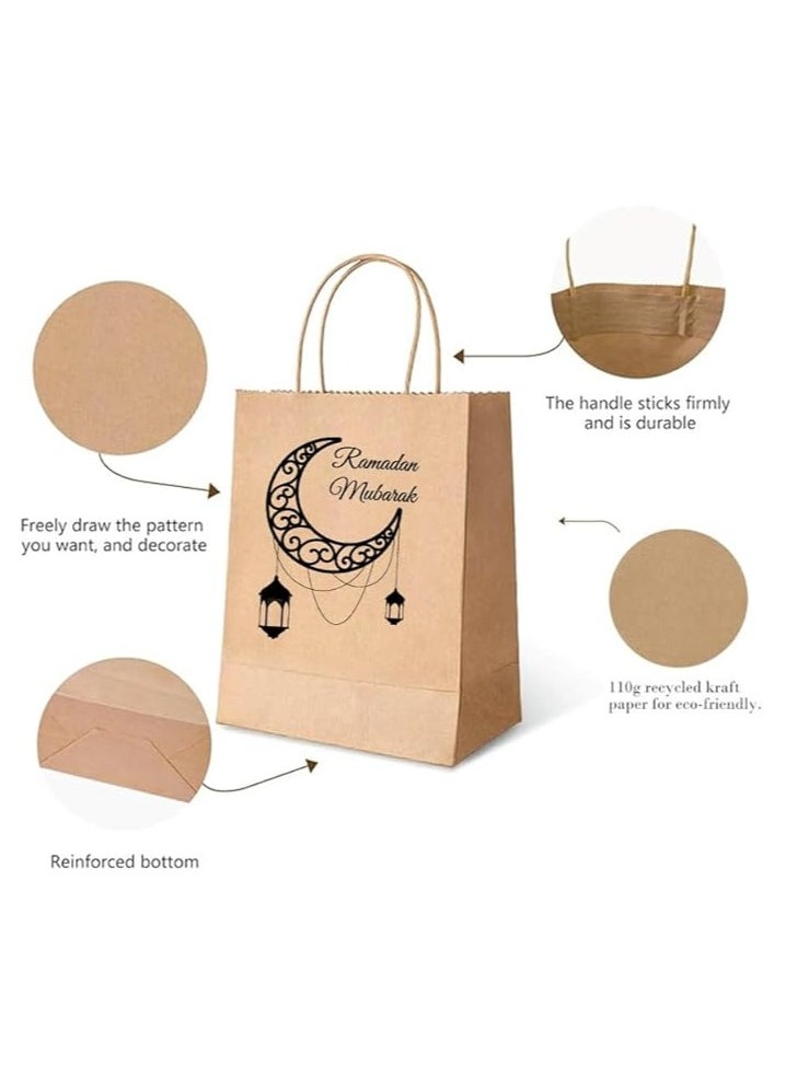 10 Pcs Of Ramadan Kareem Kraft Paper Bags With Handles Brown-Gift Kraft Paper Bags With Handles Reusable And Eco-Friendly For Gift Giving