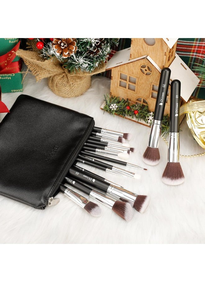 DUcare Premium Synthetic Kabuki Foundation Eyeshadow Makeup Brushes With Cosmetic Bag Set (Black), 15 Pcs