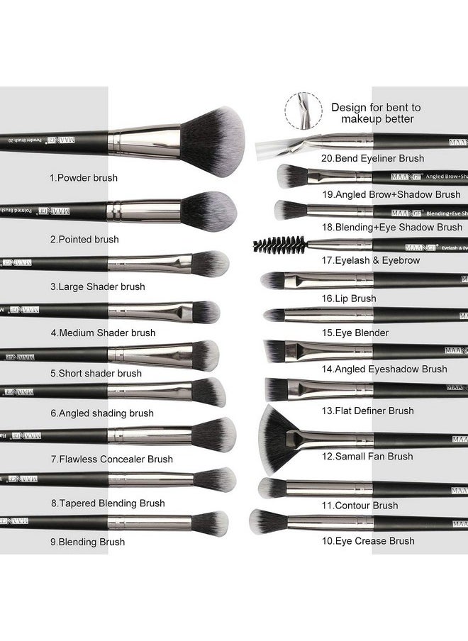 MAANGE Makeup Brush Set 20 Pcs Foundation Eyeshadow Blush Brush Kabuki Blending Concealers Face Powder Eye Make Up Brushes Set Kit (Black Silver)