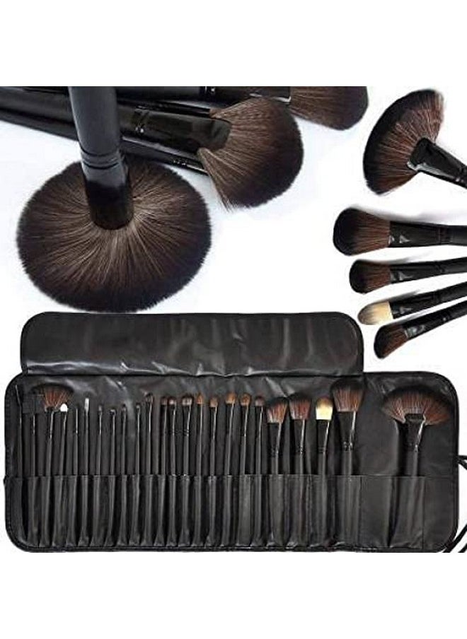 SKINPLUS Professional Wood Make Up Brushes Sets With Leather Storage Pouch (Pack Of 24)