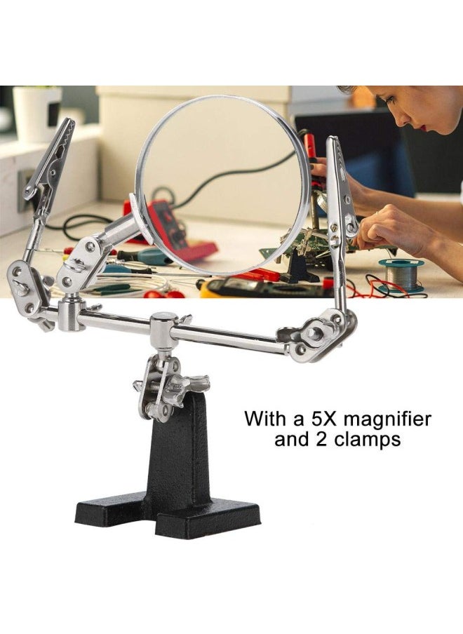 3rd hand Helping Hand Magnifier Station - 5X Magnifying Glass Stand with two Alligator Clips, Adjustable and Rotatable - for Jewelry, Assembly, Repair, Modeling, Hobbies and Crafts