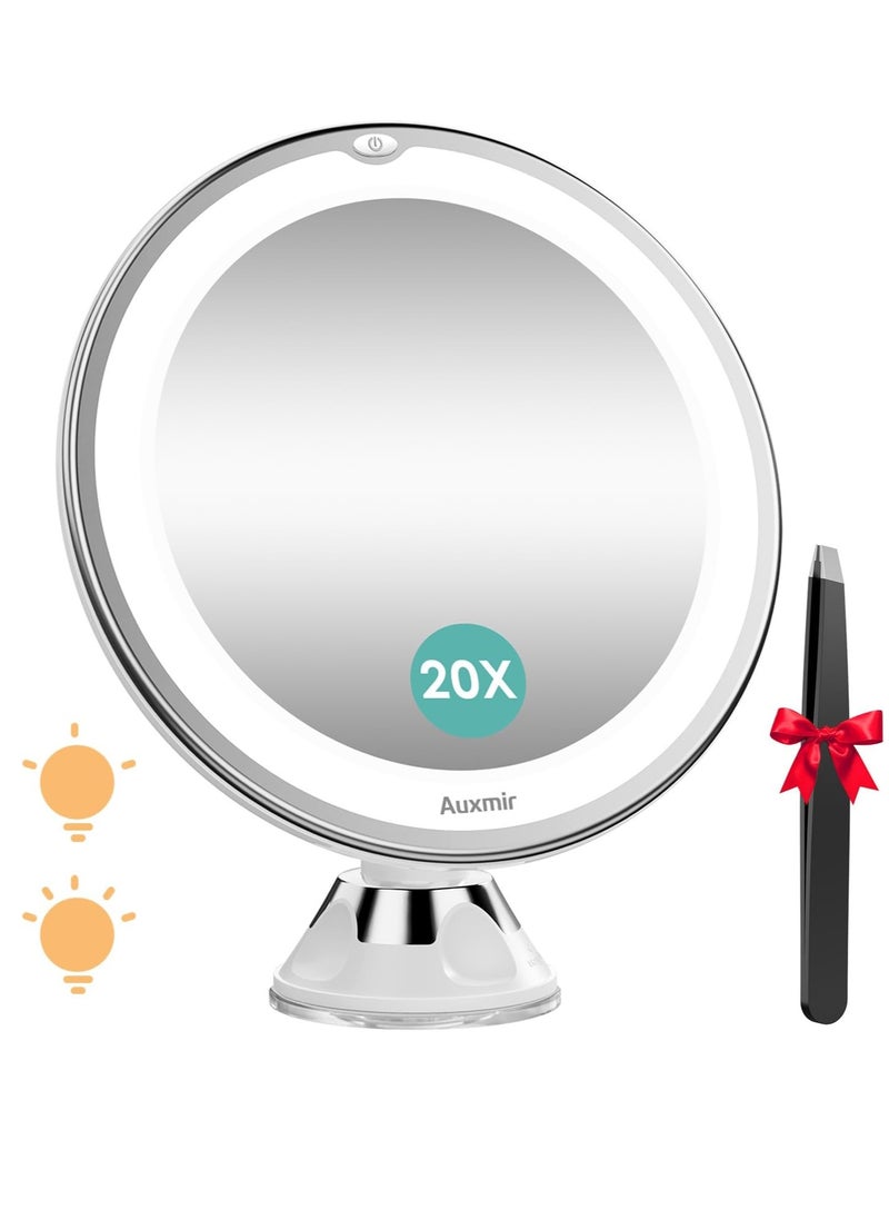 Upgraded 20X Magnifying Lighted Makeup Mirror with 2-Level Brightness, Vanity Mirror with Power Suction Cup, 360° Swivel, Portable Bathroom Mirror for Home Travel, White