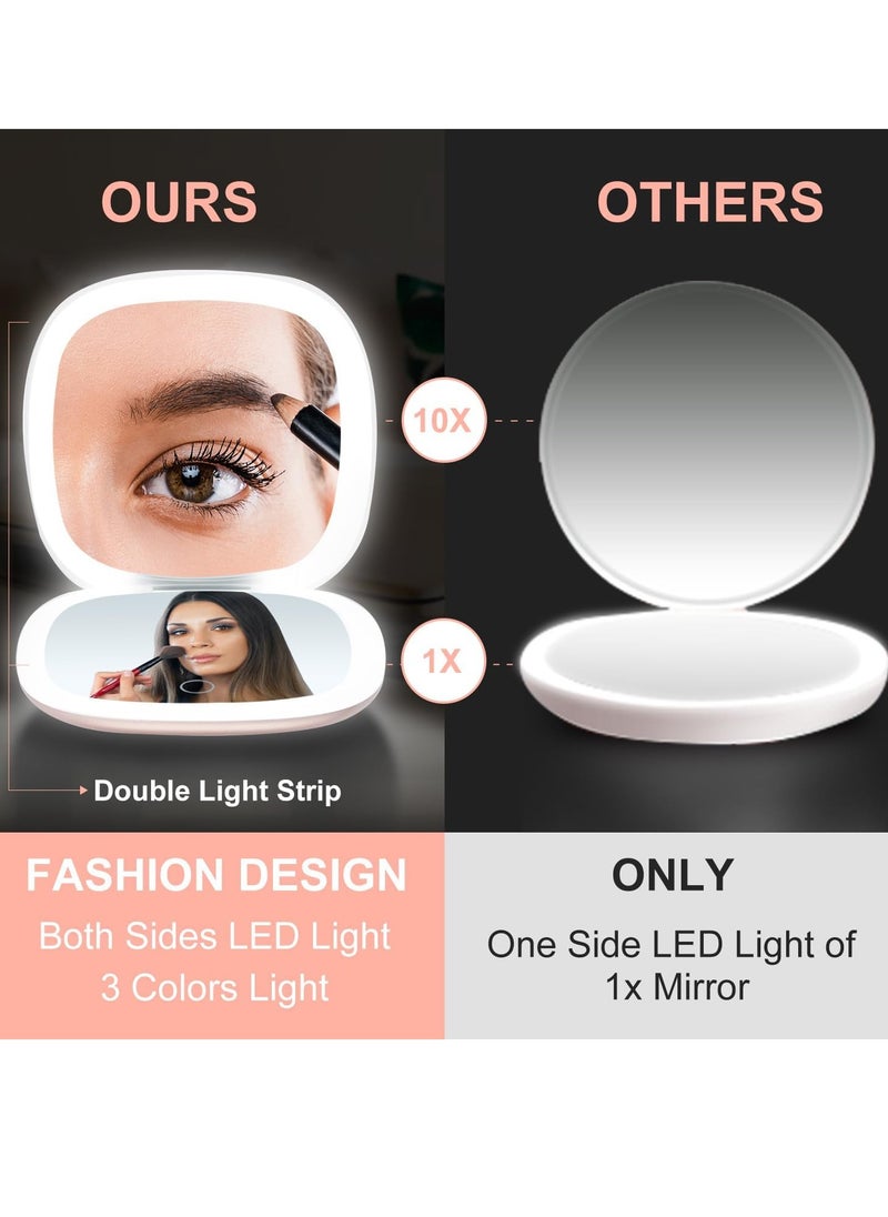 Compact LED Magnifying Travel Makeup-Mirror - 4 inches 1X/10X Magnification Small Hand Pocket Dimmable Double Sided USB Rechargeable Touch Screen, Portable Tabletop Cosmetic (White)