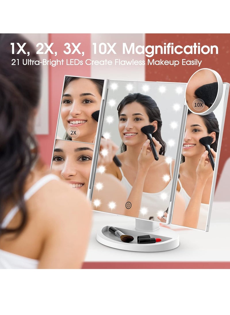 Vanity Mirror with Lights, Lighted Makeup Mirror with 2X 3X 10X Magnification, 21 LED Trifold Compact Touch Dimming Light Up Mirror, Dual Power Supply, Gifts for Women (White)