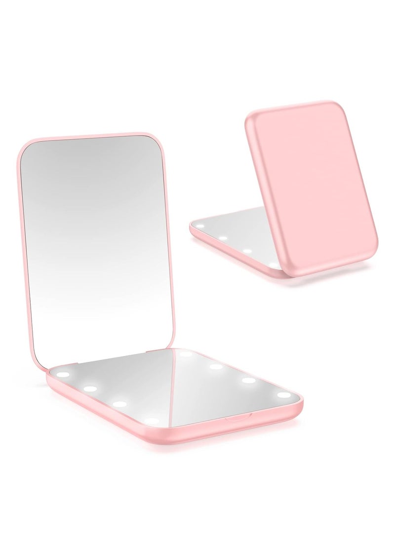 wobsion Small Mirror with Lights,LED Compact Makeup Mirror,1x/3x Mini Travel Mirror with Magnification,Portable Hand Held Mirror for Purse,Pocket,Gifts for Girls,Pink