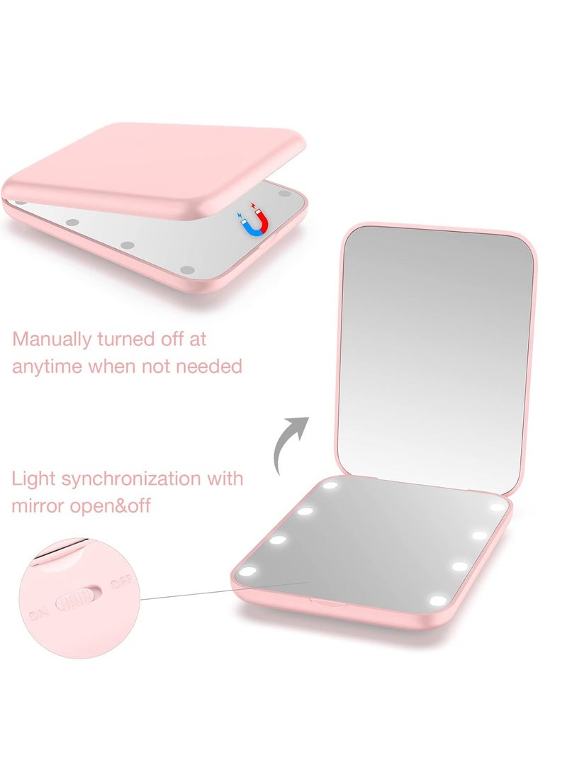 wobsion Small Mirror with Lights,LED Compact Makeup Mirror,1x/3x Mini Travel Mirror with Magnification,Portable Hand Held Mirror for Purse,Pocket,Gifts for Girls,Pink