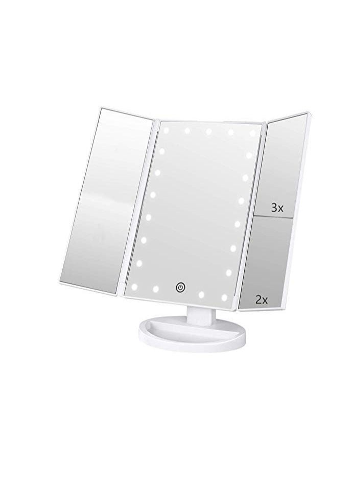 Tri-fold Lighted Vanity Makeup Mirror with 3x/2x Magnification,21 LEDs Light and Touch Screen,180 Degree Free Rotation Countertop Cosmetic Mirror,Travel (White)